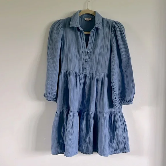 Blue cotton shirt dress / mini dress with collar and 3/4 length sleeves - Picture 1 of 7
